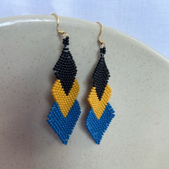Handmade Seed Bead Blue/Yellow/Black Dangle Earrings - Picture 2 of 8
